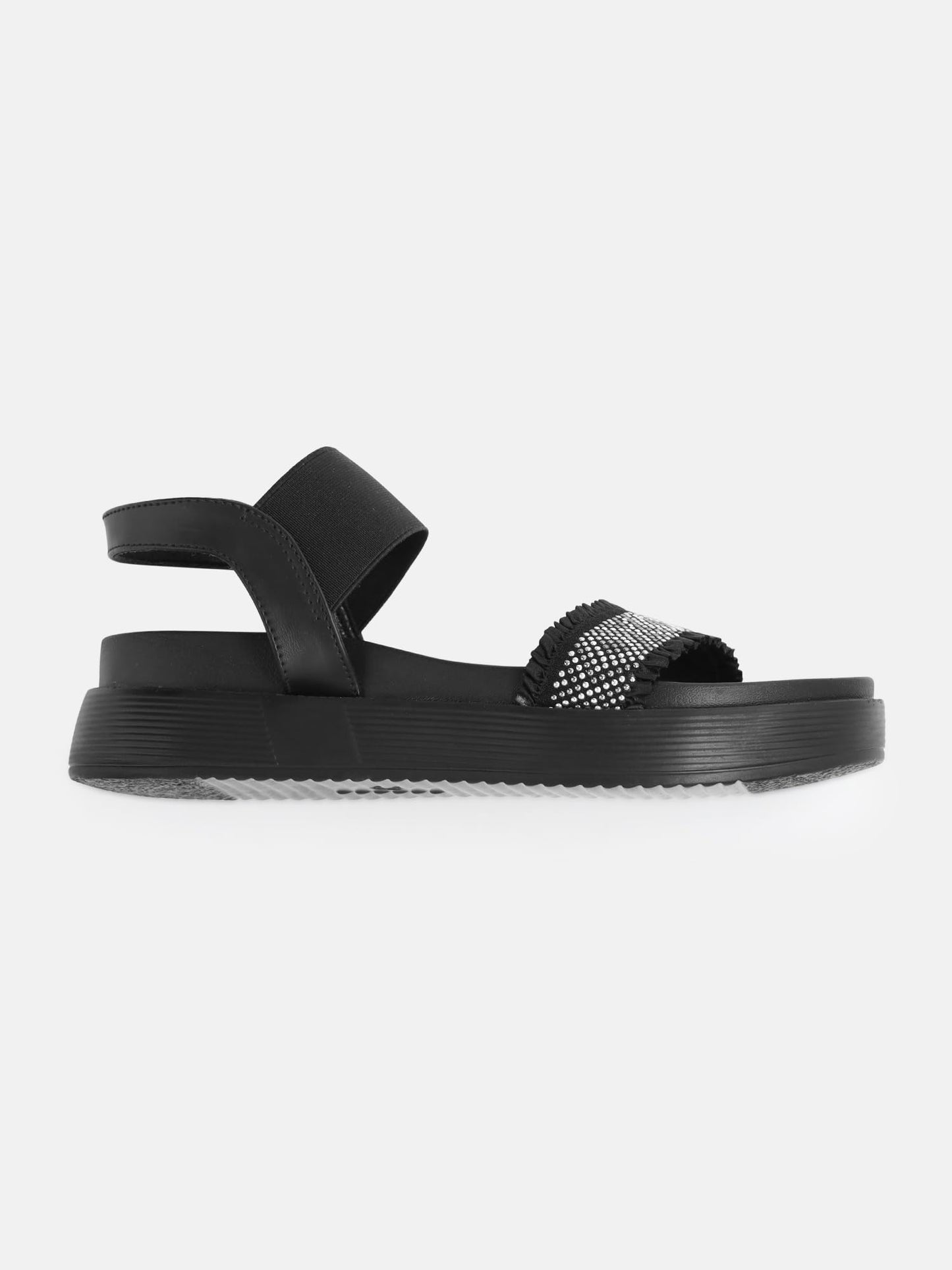 KENNETH COLE Women's Flatform Sandal | Premium Synthetic Upper | Ladies Open-Toe, Slingback Design, Cushioned Footbed | Beaded-Embellished Strap, Ruffled Edges | Black