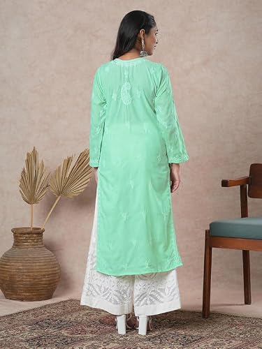 Ada Hand Embroidered Lucknowi Chikankari Cotton Straight Kurta Kurti for Women A411684 Green (2XL)
