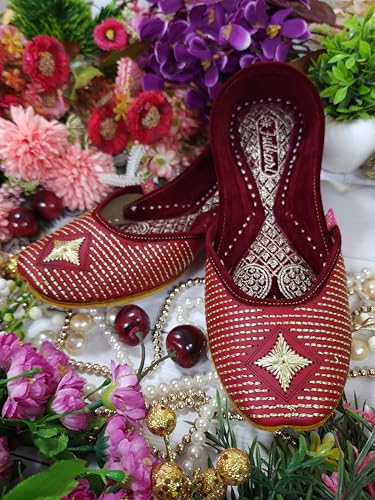 Fulkari Women Red 3D Stone Gold Casual Genuine Soft Leather Jutis | Bite and Pinch Free Juttis | Punjabi Jutti | Girl's Office Flat Ladies Mojari | dailywear Ethnic Juti | 38