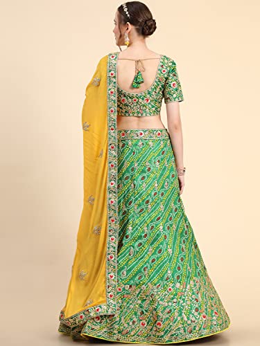 leeza store Women's Bollywood Style Silk Blend Bandhani Printed Zari And Sequins Embroidery Work Lehenga Choli With Dupatta