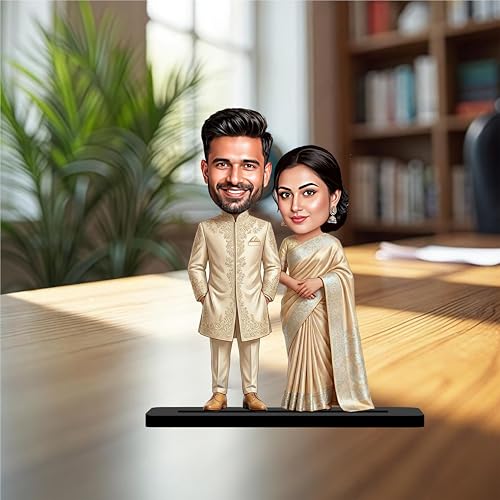 Giftvibes Personalized Couple Caricature Gift, Traditional Sherwani Saree Wedding Engagement Customized Wooden Caricature Standee Photo Frame for Husband Wife, Friends Unique Wedding Gift for Couples