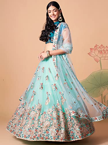 Zeel Clothing Women's Net Embroidered Semi-Stitched Bridal New Lehenga Choli with Dupatta (7320-SkyBlue-Wedding-Bridal-Latest; Free Size) (Sky Blue)