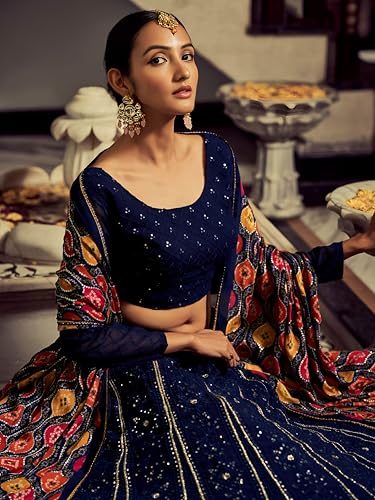 Zeel Clothing Women's Sequins Thread Embroidered Georgette Lehenga Choli With Dupatta (6005-Navy-Blue-Women-Lehenga-Choli-New; Free Size)(Navy-Blue)