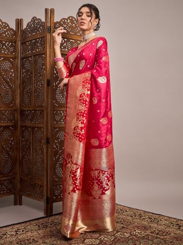 AKHILAM Women's Pink Satin Silk Ethnic Motif Printed Saree With Unstitched Blouse Piece (RNGREET101_HS)