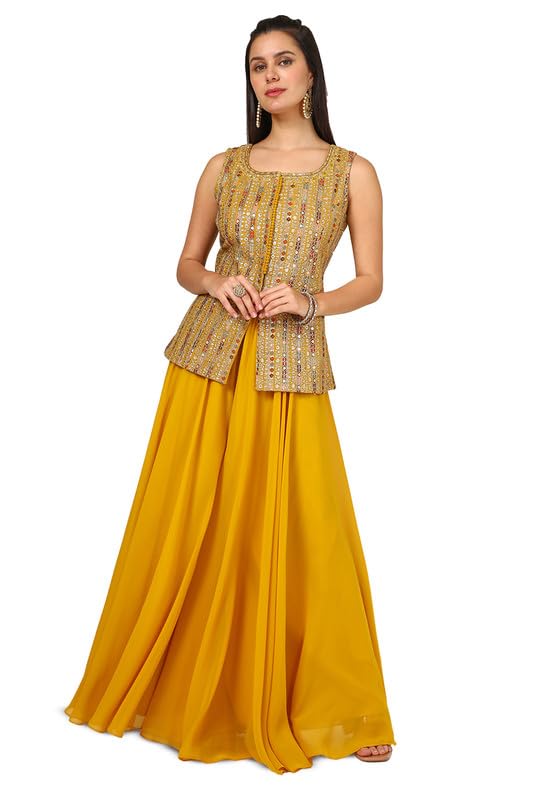 Soch Womens Mustard Georgette Blend Embroidered Suit Set With Sequins