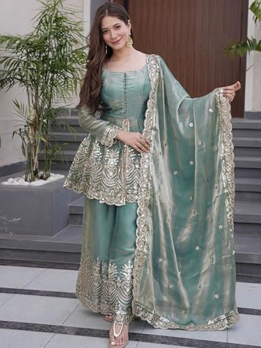 VARNI FABRICS: A lady's First Love Women's Teal Blue Fandy Silk Embroidered Kurta With Sharara And Dupatta Set, Ethnic Set For Women (IN, Alpha, L, Regular)