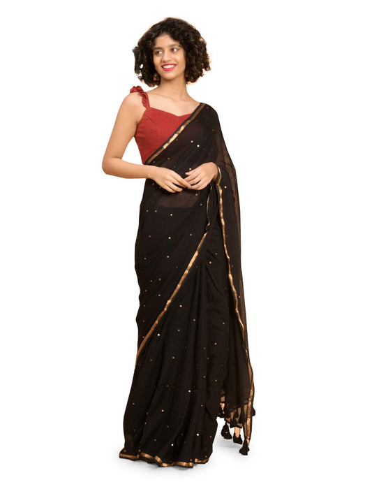 Suta Women's Plain Pure Cotton Saree Without Blouse | Black Saree| ChumkiSaree| Cotton Saree