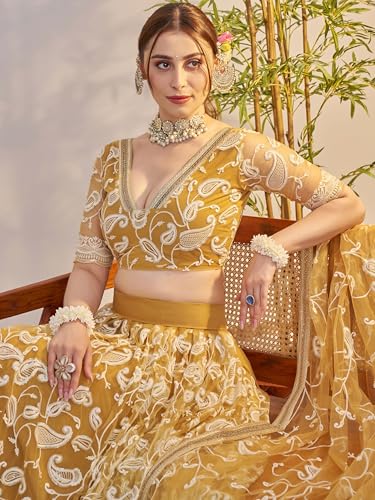 Zeel Clothing Women's Cotton Thread Sequins Work Embroidery Soft Net Lehenga Choli With Dupatta (NFH-2148-Light-Golden-Lehenga-Choli; Free size) (Light Golden)