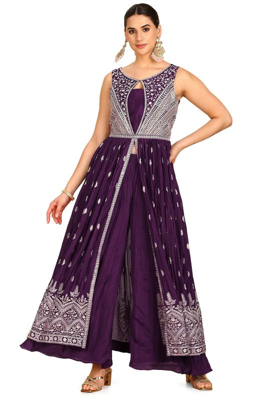 Soch Womens Wine Chinon Embroidered Suit Set With Stone Work