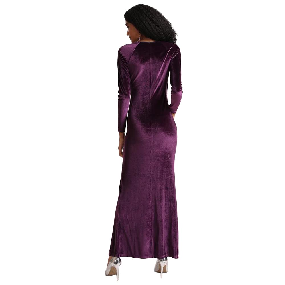 Kazo Solid Velvet V Neck Women's Maxi Dress (Purple,Small)