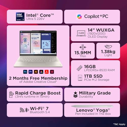 Lenovo Yoga 7 2-in-1 Intel Evo Core Ultra 5 226V (16GB RAM/1TB SSD/14 (35.5cm)/WUXGA OLED/Copilot+ PC/Windows 11/Office Home 2024/Yoga Pen/1Yr ADP/Seashell/1.38Kg), 83JQ000XIN Convertible Laptop