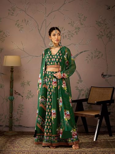 Green Multi Floral Crop Top With Anarkali Skirt & Shrug