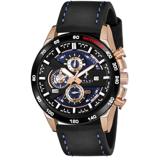 Sylvi Timegrapher Chronograph Watch for Men | Blue Dial Rose Gold Leather Strap Analog Wrist Watch, Working Sub-Dials, Date Display, Japanese Quartz, 3 ATM Water Resistant | 556 Blue RG