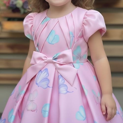 KIYOL Girls Puff Sleeve Butterfly Print Party Dress with Bow Design | Round Neck Flared Fit Kids Frock for Birthday, Wedding & Special Occasions -Pink Butterfly 5-6Y