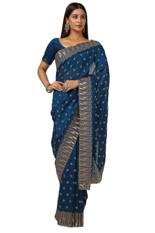 Soch Womens Teal Tussar Embroidered Saree With Stone Work