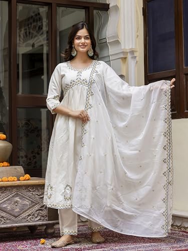 TRENDMALLS Women's Chanderi Silk Embroidery Salwar Suit Set Kurta Pant with Dupatta (G274-OffWhite-S-)