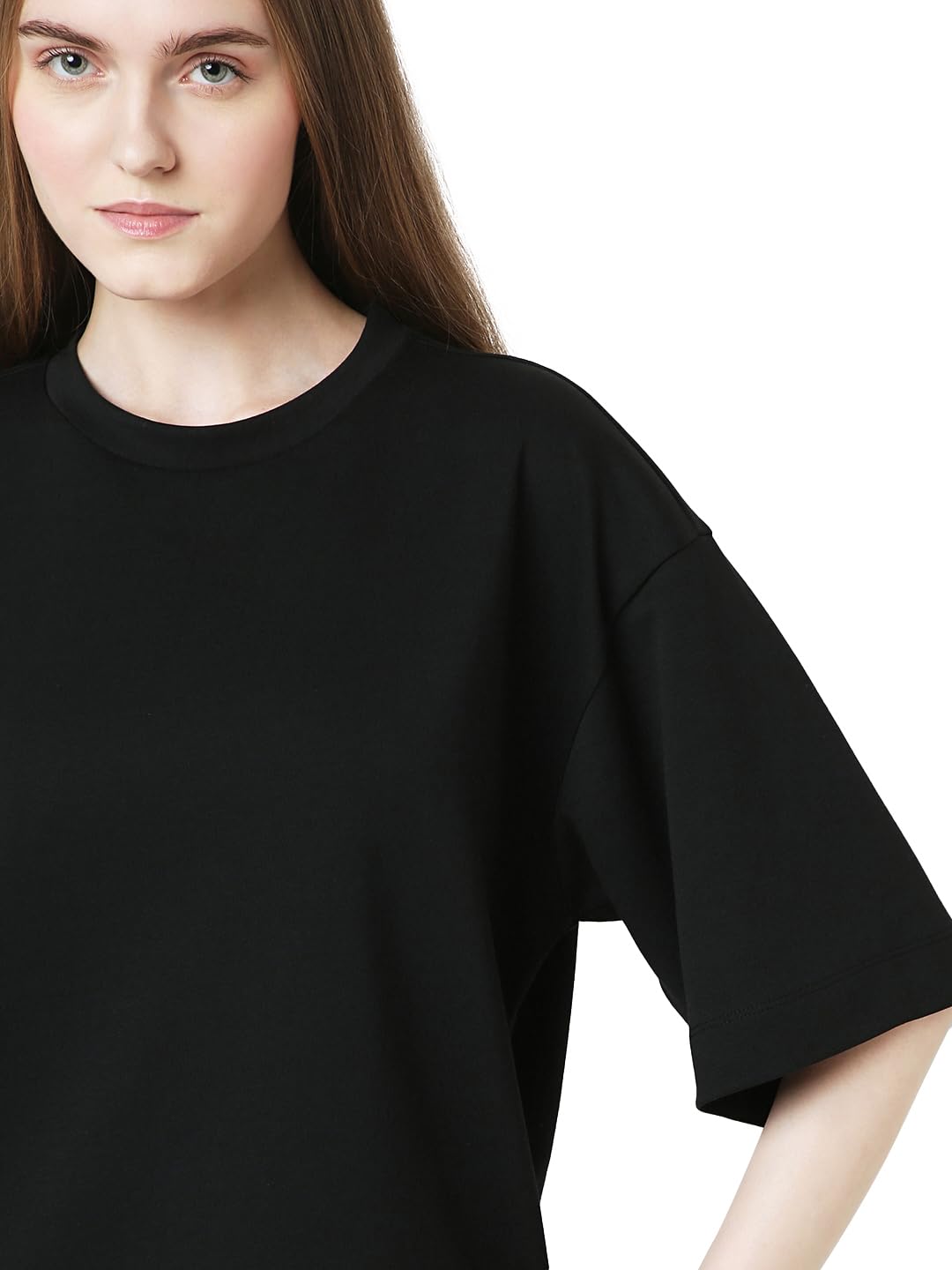 VERO MODA Women Solid Black Cotton Relaxed Fit T-Shirt