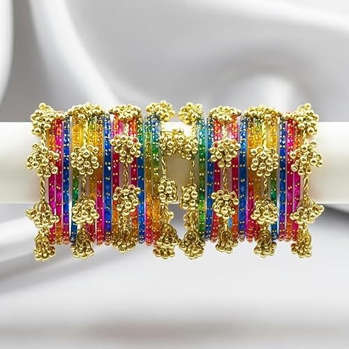 BANGLESKART 16pc dark Multi Color Glass Bangles Set Viral Kashmiri Ghungroo Chuda with Heavy Gold Guchha Charms Traditional Jewelry Women (pack of 2, 2.4)