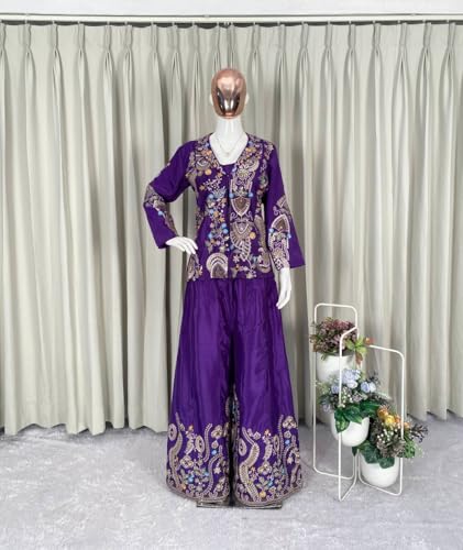 MARUTI FASHION HOUSE Plazzo Set Indo-Western Draped Set For Womens And Girls Ready To Wear Party Koti With Sharara Hevay Apple Chinon Silk Fabric With Work Multi Thread Embroidery Work (Nevy Blue)