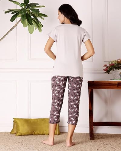 BODYCARE Women's Cotton Printed T-Shirt and Capri Set | Soft & Breathable Nightwear | Short Sleeves | Loungewear Co-Ord Set| BSCS16036_100 Multicolour