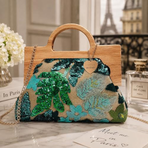 Caprese Emily in Paris Riyo Embroidered Clutch for Women | Medium Handheld Bag with Chain Strap | Faux Leather Evening Clutch | Kiss-Lock Closure | Metal Charm