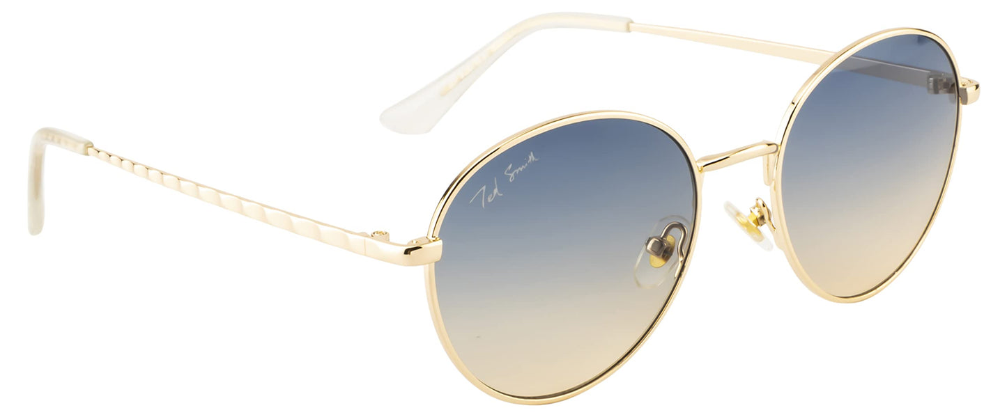 Ted Smith Men's Women's UV Protection Blue Yellow Graded Lens Gold Round Sunglasses