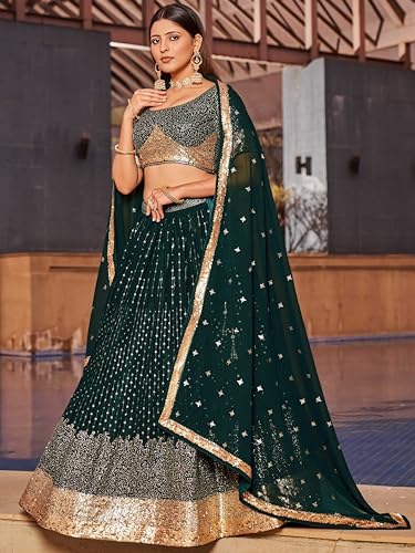 Zeel Clothing Women's Sequins and Thread Embroidery Georgette Semi Stitched Lehenga Choli With Dupatta (5078-Green-Womens-Lehenga-Choli-Latest; Free Size)