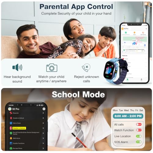 sekyo S2 Pro Kids Smartwatch for Boys & Girls, Calling Smart Watch for Kids with Location Tracker, Camera, SOS & Safe Zone Alert, Family Chat, App Control, Airtel & Vi Micro SIM Support only -Blue