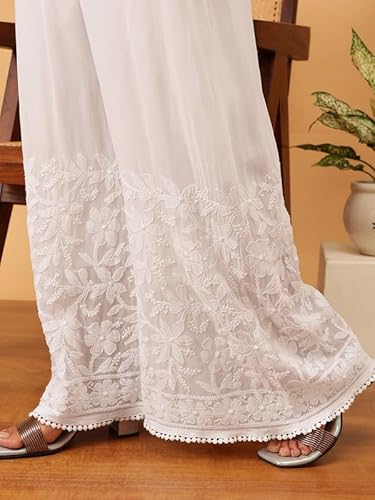 Ada Hand Embroidered Lucknow Chikankari Viscose Loose Fit Palazzo Pant Culottes for Women A711190 White (XS)
