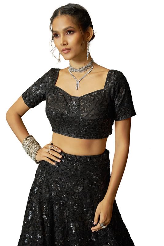 Soch Womens Black Net All-Over Floral Pattern Sequin Embellished Unstitched Lehenga Set