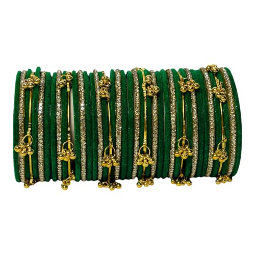 VRINIK Designer Velvet Glass Bangles for Women | Traditional Kashmiri Ghungroo & Golden Stone Bangle Set | Bridal Chudi for Wedding, Festivals, Karwa Chauth, Teej, Navratri|Luxury Gifts