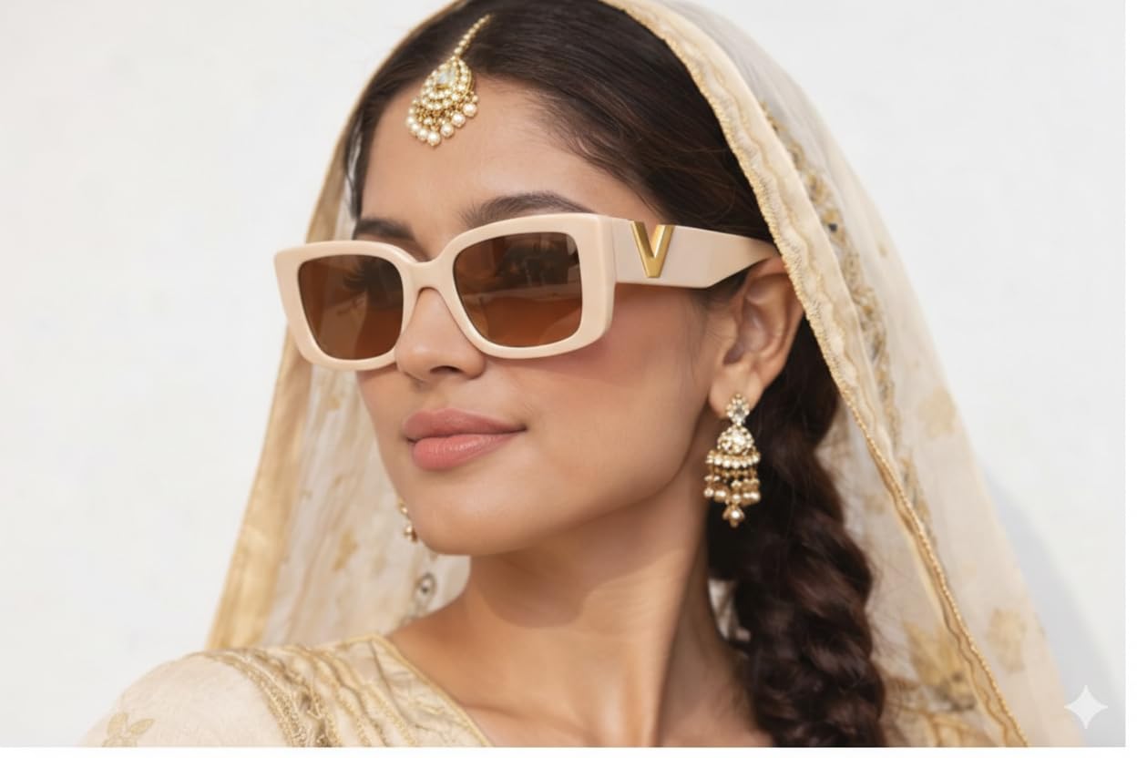 FAVELA Women Cat Eye Sunglasses | Stylish Cateye Square Frame with Gold V Detail | UV400 Protected Fashion Goggles for Girls & Women | Trendy Party, Casual & Daily Use. (Off-White)
