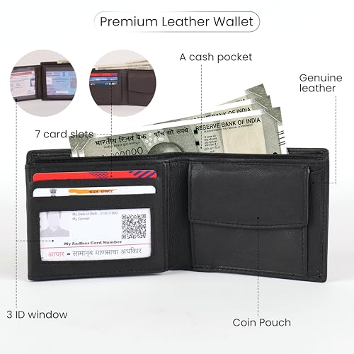 KARA Black Men's Genuine Leather Wallet – Bifold, 2 Cash Compartments, Coin Pocket, 10+ Card Slots, Hidden & Transparent Flip Sections