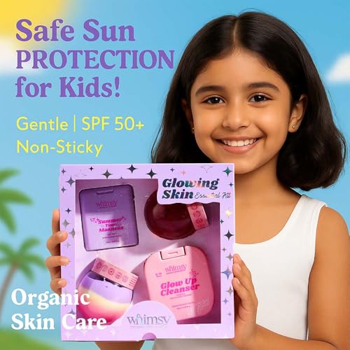 Whimsy Beauty Glowing Skin Essentials Kit for Kids and Teens,Complete Skincare Set with Cleanser Moisturizer Sunscreen (4 to 16 years) Natural, Chemical Free, Sulfate-Free, Dermatologist Tested