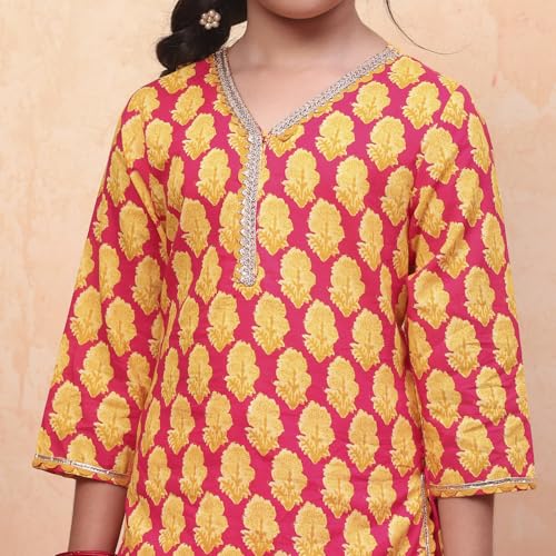 Biba Girls Red Straight Cotton Printed Kurta suit set