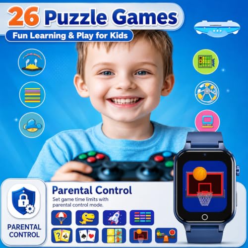 Goodatech Smart Watch for Kids 4-12 Years Boys Girls, 26 Puzzle Games,HD Camera,Video Music Player,Pedometer,Flashlight,Alarm Clock,Parent Control, Aluminum Case,Sport Band (Blue)