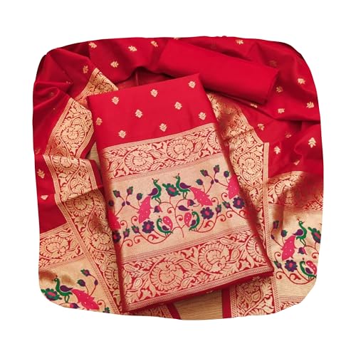 SHANTVAN GALLERY Suit Material for Women Unstitched Cotton Pure Dress Material for Women with Peacock Design, Elegant Salwar Suit Material for Women with Dupatta & Blouse Piece - Red