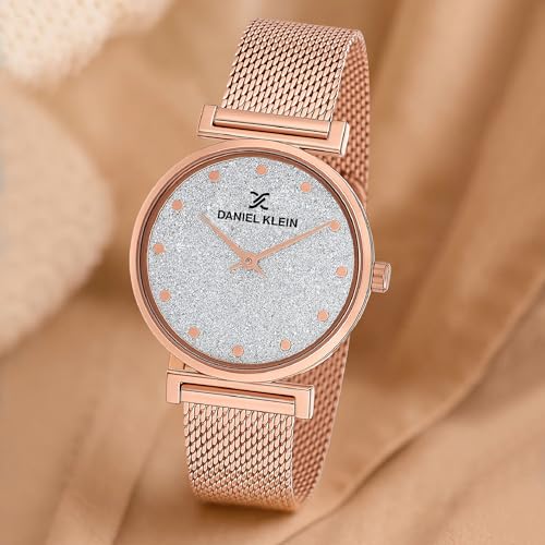 Daniel Klein Analog Silver Glitter Round Dial Rose Gold Mesh Strap Water-Resistant Wrist Watch for Women Girls, Ladies DK12070-3