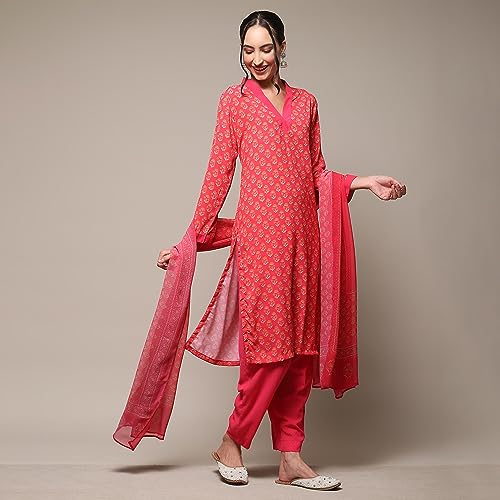 BIBA WOMEN PRINTED SALWAR KURTA DUPATTA(SKD8749_FUCHSIA_42)