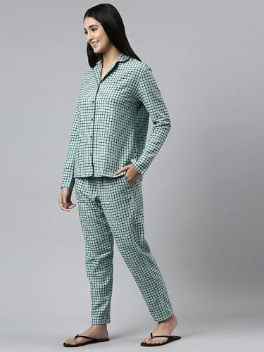 Enamor Essentials Relaxed Fit Cotton Flannel Woven Lazy Full Sleeve Shirt & Mid Rise Pant Set for Womens-EC20 (EC20_Soft Aqua Plaid AOP_S)