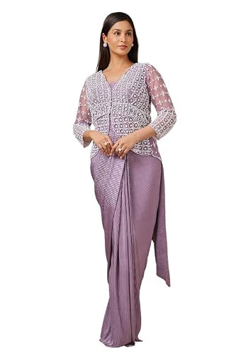 Soch Womens Lavender Satin Embellished Ready-To-Wear Saree With Jacket