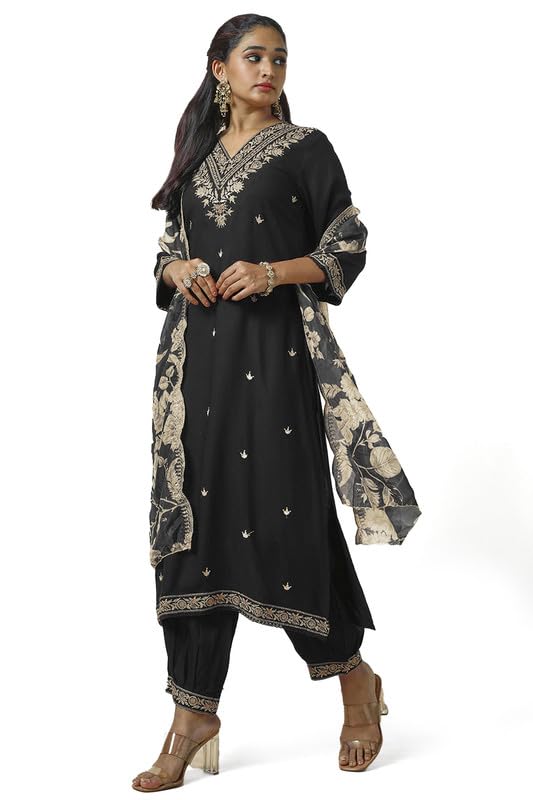 Soch Womens Black Rayon Embroidered Suit Set With Sequins