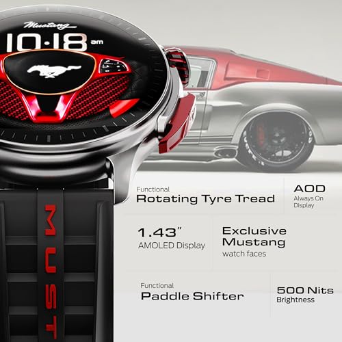 GOBOULT Mustang Racer Smart Watch 1.43'' AMOLED Display, Rotating Bezel, BT Calling, 150+Watchfaces, 500 Nits Brightness, AI Voice Assistant, SpO2 Monitoring, 120+ Sports Mode (Black Blaze)