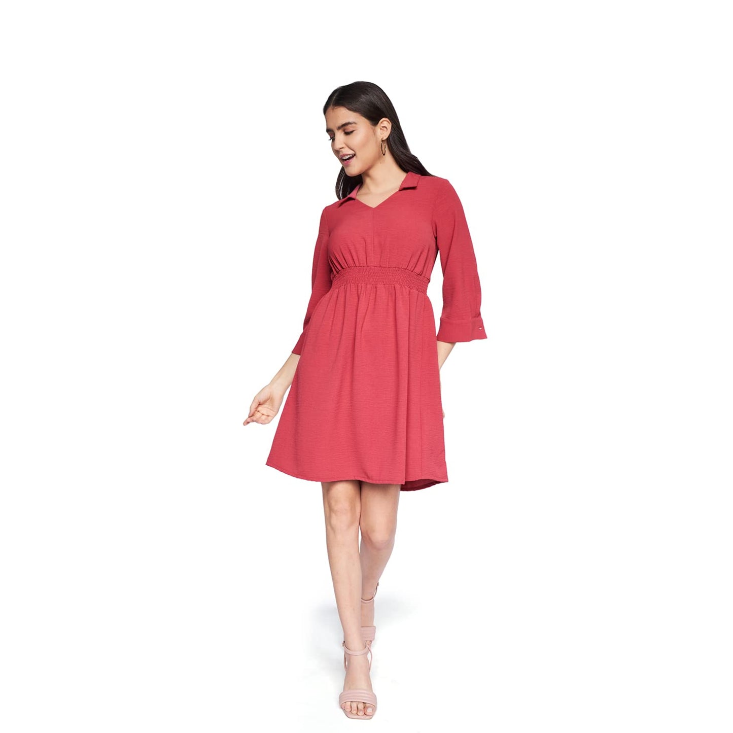 AND Women's Cotton Fit Flare Knee-Length Dress (EE22AB023DRCEY_Rust_12)