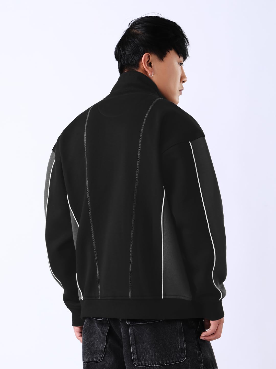 The Souled Store Varsity Jacket: Gunmetal Men and Boys Full Sleeves Mandarin Collar Solid Cotton Blend Oversized Fit Contrast Piping Casual Varsity Jacket