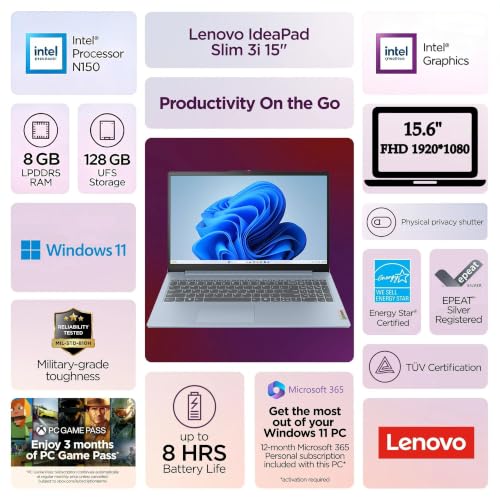 Lenovo Essential 15.6" FHD Laptop, Intel Processor, 8GB DDR5, 128GB Storage