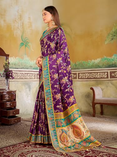 Glory Sarees Women’s Luxurious Dola Satin Pure Silk Original Saree Position Print Work Madhubani Inspired Motifs Banarasi Kanjivaram Style Saree With Blouse Piece (Elegant106_Purple)