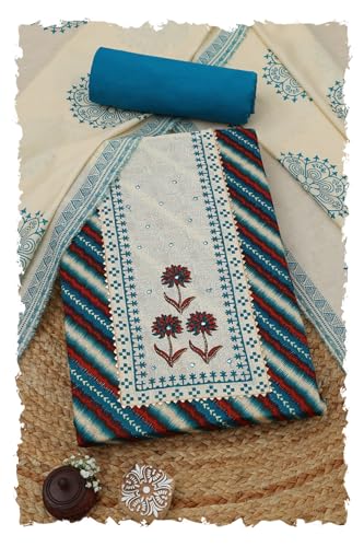 Soch Womens Blue Jam Cotton Striped Unstitch Dress Material With Thread Work