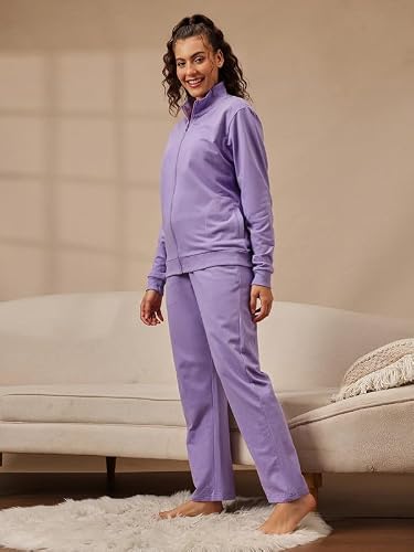 Clovia Women's Graphic Print Terry Cotton Jacket & Pyjama Set (LSW787P12_Lilac_3XL)
