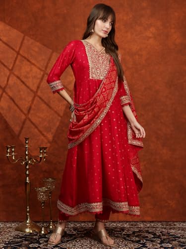 NIVANA Embroidered Anarkali Kurta with Pant & Bandhni Printed Dupatta | XXL | Hot Pink | V-Neck | 3/4 Sleeves